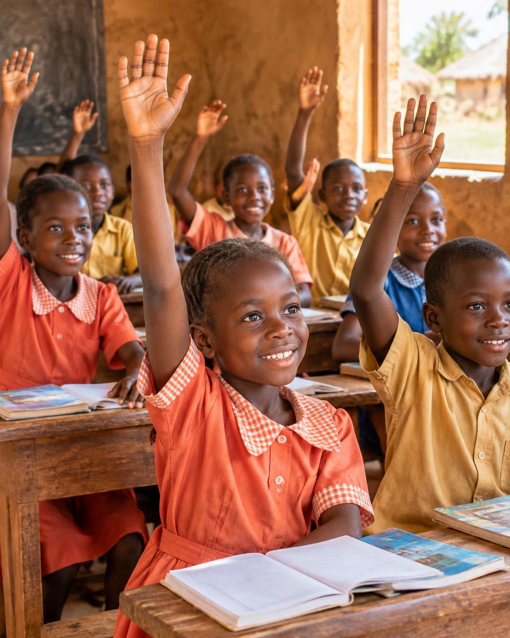 Primary school children raising their hands in a classroom